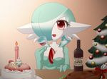  1girl alcohol blush breasts cake candle christmas female food gardevoir looking_at_viewer pokemon pov red_eyes shiratsuki solo tree wine 