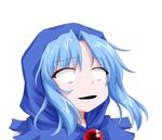  axl_low blank_eyes blue_hair capelet guilty_gear guilty_gear_xrd hood jewelry kanchou kumoi_ichirin oden_(th-inaba) open_mouth parody pendant reaction shocked_eyes simple_background solo style_parody touhou upper_body white_background 