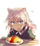  :d animal_ears blue_eyes blush cat_ears dark_skin food giuseppina_ciuinni jacket leaning_forward long_hair lowres military military_uniform motion_lines ohashi_(hashidate) omurice open_mouth plate short_sleeves silver_hair simple_background sketch smile solo uniform white_background world_witches_series 