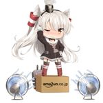  amatsukaze_(kantai_collection) amazon_(company) blush box brand_name_imitation cardboard_box chibi choker dress electric_fan furrowed_eyebrows garter_straps hair_tubes hairband hand_on_hip haribote_(tarao) kantai_collection long_hair looking_at_viewer one_eye_closed orange_eyes rensouhou-kun sailor_dress short_dress silver_hair smoke solo standing_on_object striped striped_legwear thighhighs turret two_side_up wavy_mouth wind zettai_ryouiki 