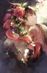  artist_request brown_hair earrings facial_mark flower hakutaku_(hoozuki_no_reitetsu) hoozuki_no_reitetsu jewelry male_focus red_flower smile solo 