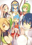  5girls alisa_(sennen_sensou_aigis) bad_id bad_pixiv_id blonde_hair blue_eyes blue_hair breasts carrie_(sennen_sensou_aigis) cleavage glasses green_eyes green_hair hairband highres hood kaguya_(sennen_sensou_aigis) katie_(sennen_sensou_aigis) katou_itsuwa long_hair looking_at_viewer medium_breasts multiple_girls open_mouth orange_eyes pink_hair prince_(sennen_sensou_aigis) red_eyes scarf sennen_sensou_aigis short_hair smile soma_(sennen_sensou_aigis) staff yellow_eyes 