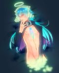  blue_hair blush bottomless digital_dissolve do_emu dramatical_murder finger_in_mouth halo long_hair lying male_focus saliva seragaki_aoba solo sweat 