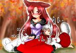  :&lt; animal_ears blush breasts brooch brown_hair collarbone detached_sleeves dress flower hat highres imaizumi_kagerou inubashiri_momiji inubashiri_momiji_(wolf) jewelry long_hair looking_at_another medium_breasts multiple_girls nature pom_pom_(clothes) red_eyes short_hair silver_hair sitting sweat tail tikano tokin_hat touhou translation_request tree v_arms wolf_ears wolf_tail 