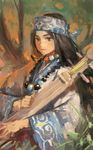  ainu ainu_clothes arata_yokoyama bandana black_hair brown_eyes highres long_hair looking_away original solo tonkori 