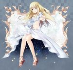  aldnoah.zero asseylum_vers_allusia bare_shoulders blonde_hair crop_top edamame_888 green_eyes long_hair looking_at_viewer midriff navel open_mouth sandals solo tears 