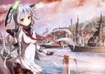  bae.c battleship blue_hair cloud covered_navel crane cuffs dress factory fingerless_gloves gloves harbor headgear kantai_collection lake long_hair military military_vehicle murakumo_(kantai_collection) pantyhose railing red_eyes sailor_dress scenery ship sky smile solo sunset warship water watercraft wind 