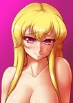  blonde_hair blush breasts commentary large_breasts long_hair looking_at_viewer mazume nude purple_background purple_eyes simple_background smile solo touhou upper_body yakumo_yukari 
