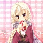  amairo_islenauts blonde_hair box braid brown_eyes chaamii gift gift_box hair_over_shoulder holding long_hair looking_at_viewer scarf shirley_warwick single_braid smile solo 