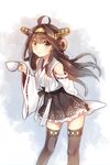  :3 absurdres ahoge akayan arm_behind_back bad_id bad_pixiv_id bare_shoulders black_skirt brown_eyes brown_hair chromatic_aberration cowboy_shot cup detached_sleeves double_bun frilled_skirt frills hairband headgear highres japanese_clothes kantai_collection kongou_(kantai_collection) lace lace-trimmed_thighhighs looking_at_viewer nontraditional_miko pleated_skirt ribbon-trimmed_sleeves ribbon_trim simple_background skirt solo teacup thighhighs white_background zettai_ryouiki 