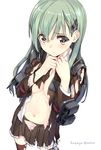  amagai_tarou aqua_eyes aqua_hair breasts cleavage hair_ornament hairclip kantai_collection long_hair medium_breasts navel panties solo suzuya_(kantai_collection) torn_clothes turret underwear uniform 