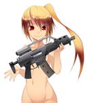  assault_rifle blonde_hair commentary_request g36c gun highres jessica_jefferson long_hair navel nude onibi_(foxhound4185) original red_eyes rifle side_ponytail smile solo weapon white_background 