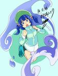  alternate_costume artist_name backpack bag blue_eyes blue_hair blush blush_stickers boots dated hair_bobbles hair_ornament hat irue jacket kawashiro_nitori legs_up long_sleeves looking_at_viewer open_mouth rubber_boots short_hair shorts signature solo touhou two_side_up water_drop 