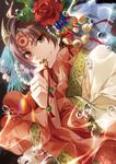  artist_request brown_eyes brown_hair earrings facial_mark flower hakutaku_(hoozuki_no_reitetsu) hoozuki_no_reitetsu horns jewelry male_focus red_flower smile solo water 