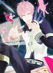  bad_id bad_pixiv_id blonde_hair bracelet bridge_piercing dramatical_murder earrings eyebrow_piercing food green_eyes hellipa holding_pizza holographic_touchscreen jewelry labret_piercing male_focus necktie noiz_(dramatical_murder) piercing pizza safety_pin solo 