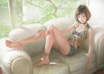  anklet arata_yokoyama bare_shoulders barefoot bikini_top bob_cut breasts brown_eyes brown_hair choker couch feet front-tie_top highres jewelry legs lips long_legs looking_at_viewer midriff navel original parted_lips short_hair short_shorts shorts sitting small_breasts solo vest 