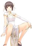  black_hair bridal_gauntlets brown_eyes bun_cover china_dress chinese_clothes double_bun dress fan folding_fan hair_ornament holding looking_at_viewer maeda_risou no_socks original simple_background smile solo white_background 