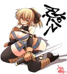 adapted_costume ankle_wrap annoyed blonde_hair blush breasts cleavage elbow_gloves gloves green_eyes highres kneeling large_breasts looking_at_viewer mizuhashi_parsee ninja open_mouth pointy_ears ponytail scabbard sheath shuriken solo tabi thick_thighs thighhighs thighs touhou ueda_katsuhito wakizashi wide_hips 