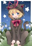  animal_costume bad_id bad_pixiv_id blonde_hair bow cat_costume commentary costume flower hair_ribbon hammer_(sunset_beach) lily_of_the_valley looking_at_viewer medicine_melancholy open_mouth ribbon short_hair solo star touhou 