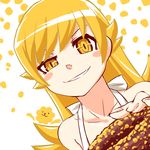  bakemonogatari bare_shoulders blonde_hair blush_stickers collarbone doughnut dutch_angle food golden_chocolate long_hair looking_at_viewer mister_donut monogatari_(series) noname_(metaldragonfly) oshino_shinobu pon_de_lion portrait smirk solo yellow_eyes 