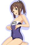  barefoot brown_eyes brown_hair caryo collarbone covered_navel i-401_(kantai_collection) kantai_collection looking_at_viewer name_tag nanashino one-piece_swimsuit open_mouth outline ponytail school_swimsuit seiza short_hair sidelocks simple_background sitting solo swimsuit swimsuit_pull white_background 