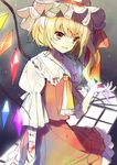  bandages blonde_hair blood flandre_scarlet hanabana_tsubomi hat highres mob_cap open_mouth red_eyes ribbon short_hair side_ponytail smile solo touhou window_shade wings 