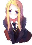  bag bangs blazer blonde_hair blue_eyes blush caidychen collar commentary emma_(caidychen) jacket long_hair looking_at_viewer necktie original parted_bangs pleated_skirt school_uniform simple_background skirt solo sweater_vest upper_body white_background 