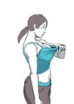  ass breasts capri_pants cleavage cleavage_reach commentary_request grey_eyes grey_hair large_breasts long_hair midriff pants ponytail solo spaghetti_strap ueno_petarou white_skin wii_fit wii_fit_trainer 