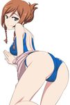  alternate_hairstyle ass back braid brown_hair cameltoe caryo from_behind green_eyes gundam gundam_build_fighters gundam_build_fighters_try hair_up jacket kamiki_mirai long_hair looking_at_viewer looking_back nanashino shadow simple_background smile solo swimsuit twin_braids white_background 