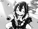  :&gt; animal artist_name asui_tsuyu blurry blush_stickers boku_no_hero_academia breasts collarbone depth_of_field eyelashes frog from_above greyscale hair_between_eyes hair_rings kneehighs long_hair long_sleeves looking_at_viewer looking_up low-tied_long_hair medium_breasts monochrome pleated_skirt puddle rain sanpaku shadow signature sitting skirt sleeve_cuffs smile socks straight_hair water_drop wet wet_clothes xion_(pulilulu) 