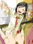  1girl :d between_thighs black_hair bottomless coin eyes_closed hair_ornament hairpin hard_translated mebae necktie no_panties open_mouth original panties panties_removed sitting smile socks solo translated underwear wariza 
