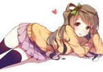  :p blush brown_hair caidychen commentary cowboy_shot downscaled heart long_hair looking_at_viewer love_live! love_live!_school_idol_project lying md5_mismatch minami_kotori on_side one_side_up pleated_skirt pose resized simple_background sketch skirt solo sweater thighhighs tongue tongue_out wavy_hair white_background yellow_eyes 