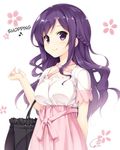  1girl alternate_hairstyle bag blush braid breasts collarbone dress floral_background gochuumon_wa_usagi_desu_ka? gochuumon_wa_usagi_desuka? half_updo handbag hard_translated large_breasts long_hair looking_at_viewer purple_eyes purple_hair senji_(tegone_spike) smile solo tedeza_rize translated 