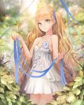  bare_shoulders blonde_hair breasts day dress green_eyes highres lips long_hair looking_at_viewer meto31 one_side_up original outdoors ribbon scrunchie small_breasts smile solo very_long_hair wavy_hair white_dress 