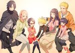  4girls black_eyes black_hair blonde_hair blue_eyes capri_pants closed_eyes crossed_arms facial_mark family father_and_daughter father_and_son forehead_mark glasses green_eyes grin haruno_sakura highres husband_and_wife hyuuga_hinata lavender_eyes long_hair mother_and_daughter mother_and_son multiple_boys multiple_girls naruto naruto_(series) pants pink_hair red-framed_eyewear short_hair sitting skirt smile thighhighs tubumi uchiha_sarada uchiha_sasuke uzumaki_boruto uzumaki_himawari uzumaki_naruto 