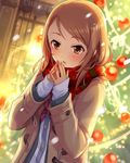  bangs blush breathing_on_hands brown_coat brown_eyes brown_hair buttons christmas christmas_lights christmas_ornaments christmas_tree coat hands_together houjou_karen idolmaster idolmaster_cinderella_girls layered_clothing long_sleeves looking_down nail_polish official_art open_mouth plaid plaid_scarf scarf snowing solo swept_bangs window 