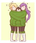  :&gt; ^_^ anger_vein angry ayase_eli bangs black_legwear black_pants blonde_hair blush border capri_pants closed_eyes friedbun full_body group_hug hair_ornament hair_scrunchie heart height_difference hug legs_together long_sleeves love_live! love_live!_school_idol_project multiple_girls oversized_clothes pants pink_scrunchie ponytail purple_hair scrunchie shared_clothes shared_sweater simple_background sleeves_past_wrists standing sweater swept_bangs toujou_nozomi turtleneck white_border yazawa_nico yellow_background 