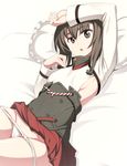  arm_on_head breasts brown_eyes brown_hair caryo kantai_collection looking_at_viewer lying on_back panties panty_pull pillow pleated_skirt short_hair sideboob skirt skirt_lift small_breasts solo taihou_(kantai_collection) underwear white_panties 