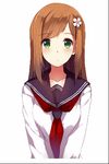  :o ^_^ animated animated_gif bangs blush brown_hair caidychen caidychen's_green-eyed_girl closed_eyes emofuri flower green_eyes hair_flower hair_ornament long_hair lowres original school_uniform serafuku simple_background smile solo swept_bangs upper_body white_background 