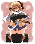 adapted_costume ankle_wrap blonde_hair blush breast_rest breasts curvy embarrassed full-face_blush green_eyes hair_ribbon large_breasts mizuhashi_parsee ninja pointy_ears ribbon scabbard scarf sheath shoes solo thigh_gap thighhighs thighs touhou tsurime ueda_katsuhito wakizashi wide_hips 