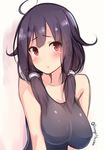  :t ahoge bare_shoulders blush breasts hair_flaps hiiragi_hajime kantai_collection large_breasts looking_at_viewer low_twintails one-piece_swimsuit pout purple_hair red_eyes sketch solo swimsuit taigei_(kantai_collection) twintails twitter_username upper_body 
