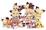  &gt;_&lt; :d alternate_color blonde_hair blush_stickers brown_hair closed_eyes crossover dress gamera-kanako gen_1_pokemon gen_2_pokemon green_eyes hair_ribbon kantai_collection long_hair multiple_girls open_mouth pichu pikachu pokemon pokemon_(creature) ribbon sailor_dress shimakaze_(kantai_collection) shiny_pokemon short_hair smile thighhighs too_many yukikaze_(kantai_collection) 