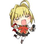  ahoge blonde_hair boots bow chibi closed_eyes fate/extra fate_(series) full_body hair_ribbon hanabana_tsubomi lowres microphone nero_claudius_(fate) nero_claudius_(fate)_(all) open_mouth ribbon school_uniform skirt solo vest white_background 