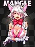 ahoge animal_ears artist_name bandaged_arm bandages bangs bow bowtie bra breast_hold breasts character_name checkered checkered_background cleavage crossed_arms eyeball fang five_nights_at_freddy's five_nights_at_freddy's_2 flipped_hair fox_ears gloves hair_over_one_eye highres ko-on_(ningen_zoo) large_bow large_breasts looking_at_viewer mangle open_mouth personification red_bow shiny shiny_hair shiny_skin short_hair sideboob silver_hair skindentation solo swept_bangs third_eye tsurime twitter_username underwear upper_body white_gloves yellow_eyes 