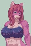  abs animal_ears breasts cleavage clothes_writing fox_ears furry green_eyes large_breasts long_hair original pink_skin red_hair snout solo spaghetti_strap tank_top taut_clothes ueno_petarou 