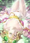  bare_shoulders blonde_hair breasts cleavage collarbone green_eyes hair_bobbles hair_ornament hair_ribbon lips long_hair long_sleeves lying medium_breasts meimei_(p&amp;d) off_shoulder on_back puzzle_&amp;_dragons realistic ribbon scotishfold solo turtle_shell upside-down 
