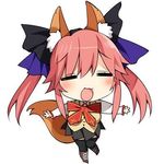  animal_ears bow breasts chibi cleavage closed_eyes fate/extra fate_(series) fox_ears fox_tail hair_ribbon hanabana_tsubomi lowres medium_breasts pink_hair ribbon school_uniform skirt smile solo tail tamamo_(fate)_(all) tamamo_no_mae_(fate) thighhighs twintails vest white_background 