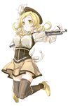  blonde_hair boots breasts drill_hair full_body gun himura_kiseki jumping large_breasts looking_at_viewer magical_girl magical_musket mahou_shoujo_madoka_magica over_shoulder simple_background skirt solo thighhighs tomoe_mami weapon weapon_over_shoulder yellow_eyes zettai_ryouiki 