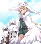  animal_ears animal_hat armor bangs bell bell_collar blonde_hair brown_eyes bunny cape cat_ears chain cloud collar day hat kuraishi_tanpopo pleated_skirt red_eyes school_uniform short_hair skirt sky smile standing weapon witch witch_craft_works witch_hat yumesato_makura 