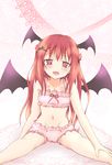 bad_id bad_pixiv_id blush cinderella_bust demon_wings head_wings heart heart-shaped_pupils highres koakuma lingerie long_hair mickeysmith navel red_eyes red_hair solo symbol-shaped_pupils touhou underwear underwear_only wings 
